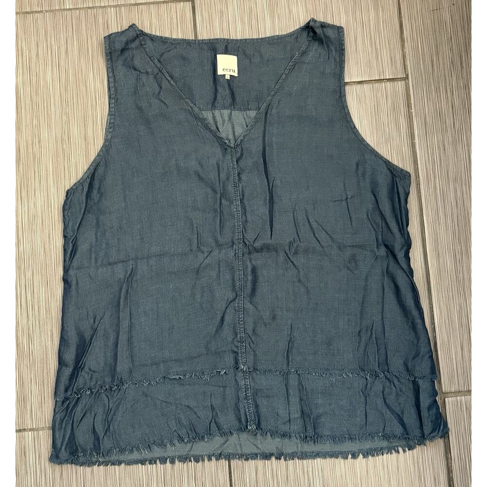 Ecru Women’s Vneck Tank With Raw Edge Hems Size Large Tencel Chambray